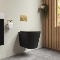 Grade A1 - Black Wall Hung Rimless Toilet with Soft Close Seat Cistern Frame and Brushed Brass Flush - Verona Grade A1 - Black Wall Hung Rimless Toilet with Soft Close Seat Cistern Frame and Brushed Brass Flush - Verona