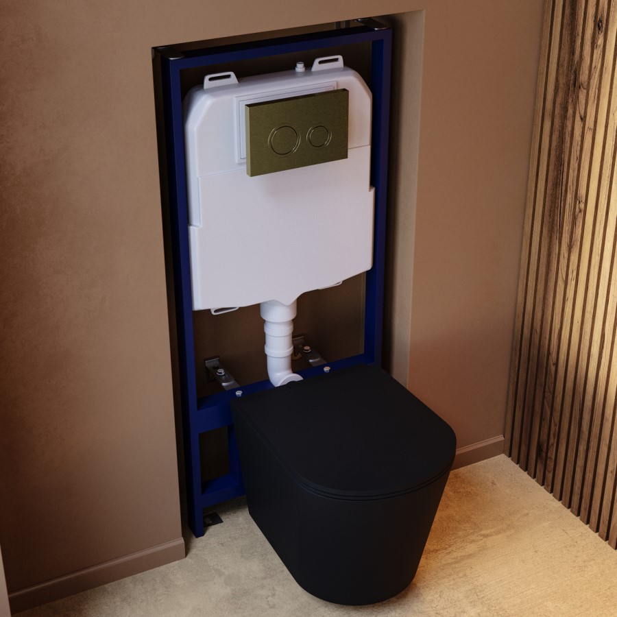 Matt Black Wall Hung Rimless Toilet with Soft Close Seat Cistern Frame and Brushed Brass Flush - Verona