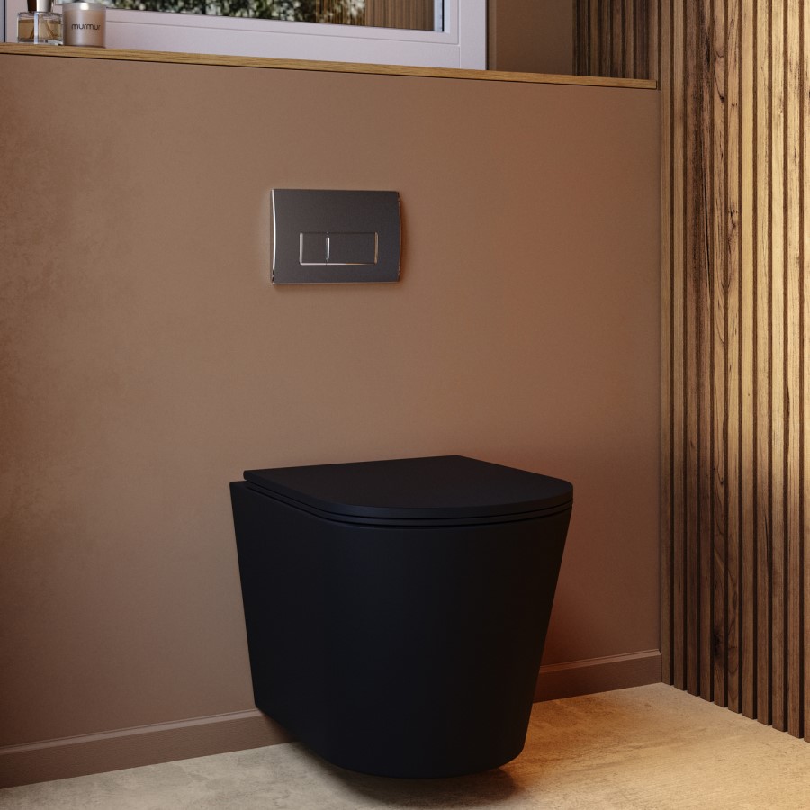 Matt Black Wall Hung Rimless Toilet with Soft Close Seat Chrome Pneumatic Flush Plate 820mm Frame & Cistern - Verona