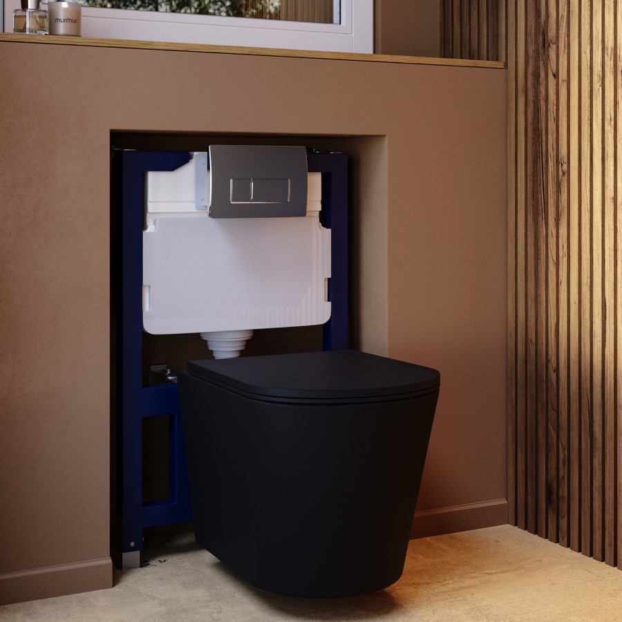 Matt Black Wall Hung Rimless Toilet with Soft Close Seat Chrome Pneumatic Flush Plate 820mm Frame & Cistern - Verona