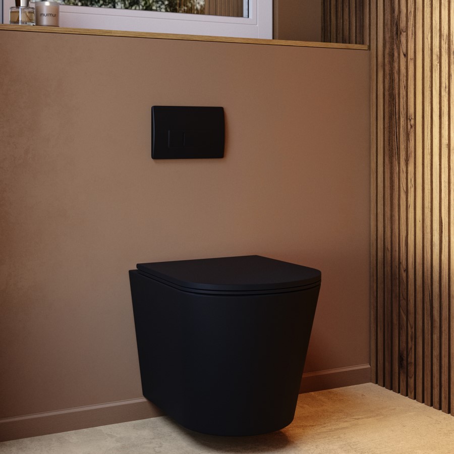Matt Black Wall Hung Rimless Toilet with Soft Close Seat, Black Pneumatic Flush Plate, 820mm Frame & Cistern – Verona
