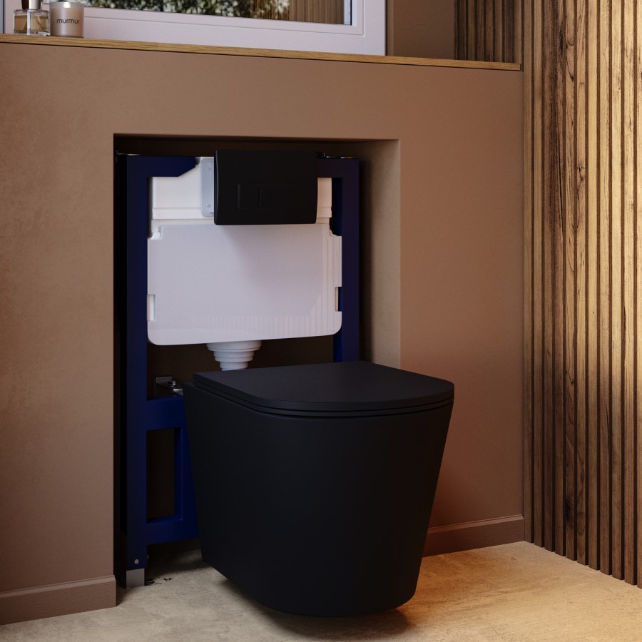 Matt Black Wall Hung Rimless Toilet with Soft Close Seat, Black Pneumatic Flush Plate, 820mm Frame & Cistern – Verona