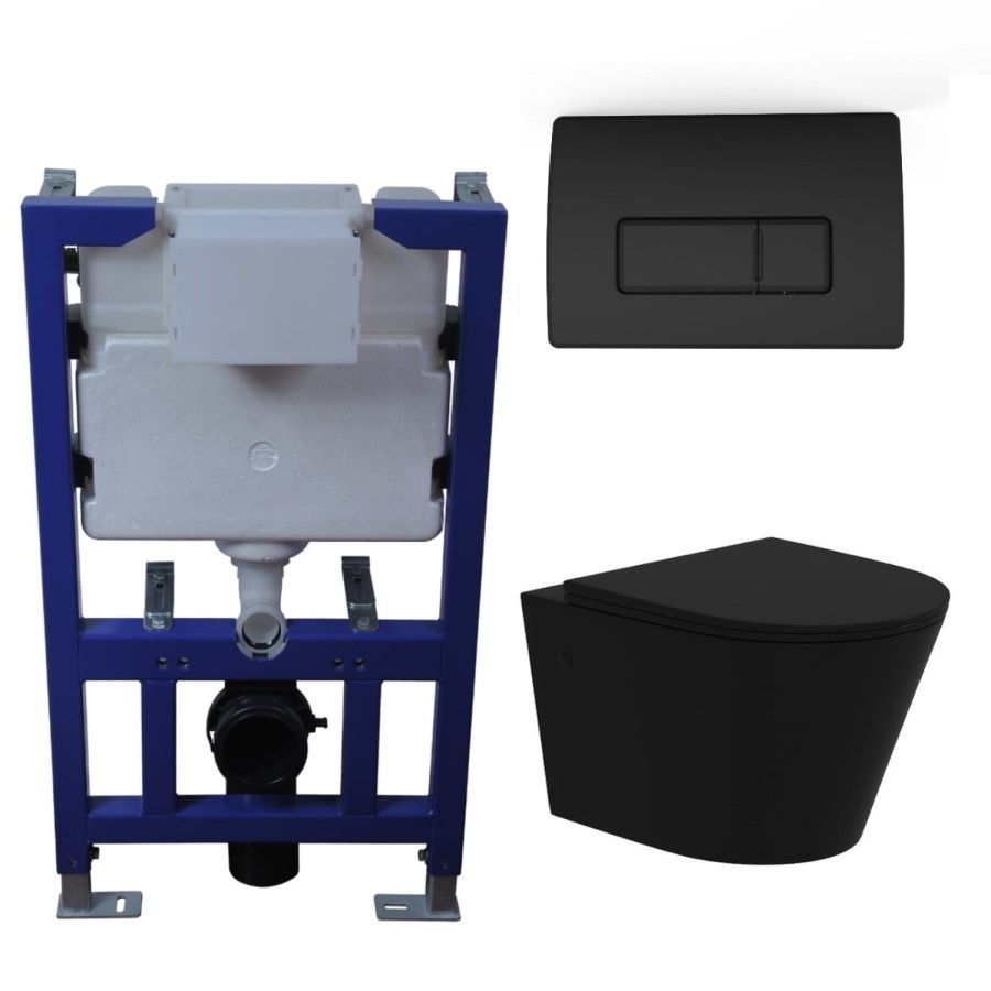 Matt Black Wall Hung Rimless Toilet with Soft Close Seat, Black Pneumatic Flush Plate, 820mm Frame & Cistern – Verona