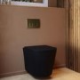 Matt Black Wall Hung Rimless Toilet with Soft Close Seat Brass Pneumatic Flush Plate 820mm Frame & Cistern - Verona