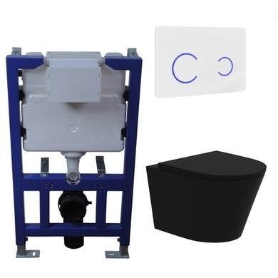 Matt Black Wall Hung Rimless Toilet with Soft Close Seat White Glass Sensor Pneumatic Flush Plate 820mm Frame & Cistern - Verona