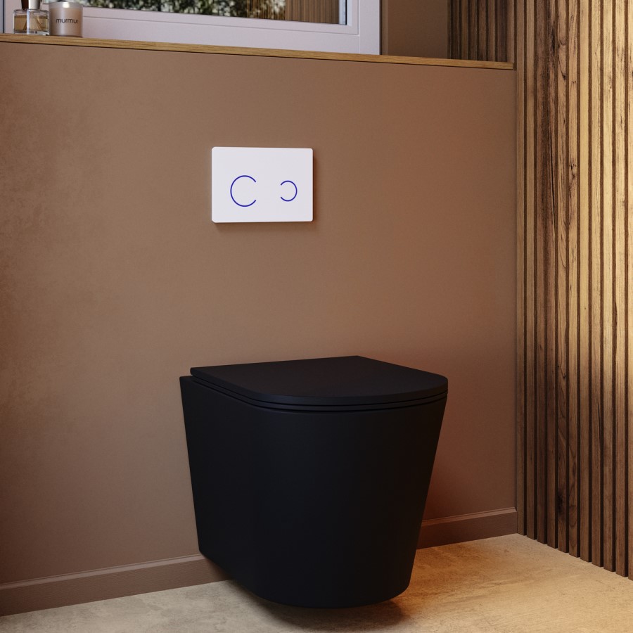 Matt Black Wall Hung Rimless Toilet with Soft Close Seat, White Glass Sensor Flush Plate, 820mm Frame & Cistern – Verona
