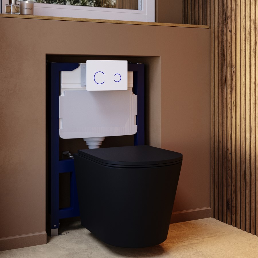 Matt Black Wall Hung Rimless Toilet with Soft Close Seat, White Glass Sensor Flush Plate, 820mm Frame & Cistern – Verona