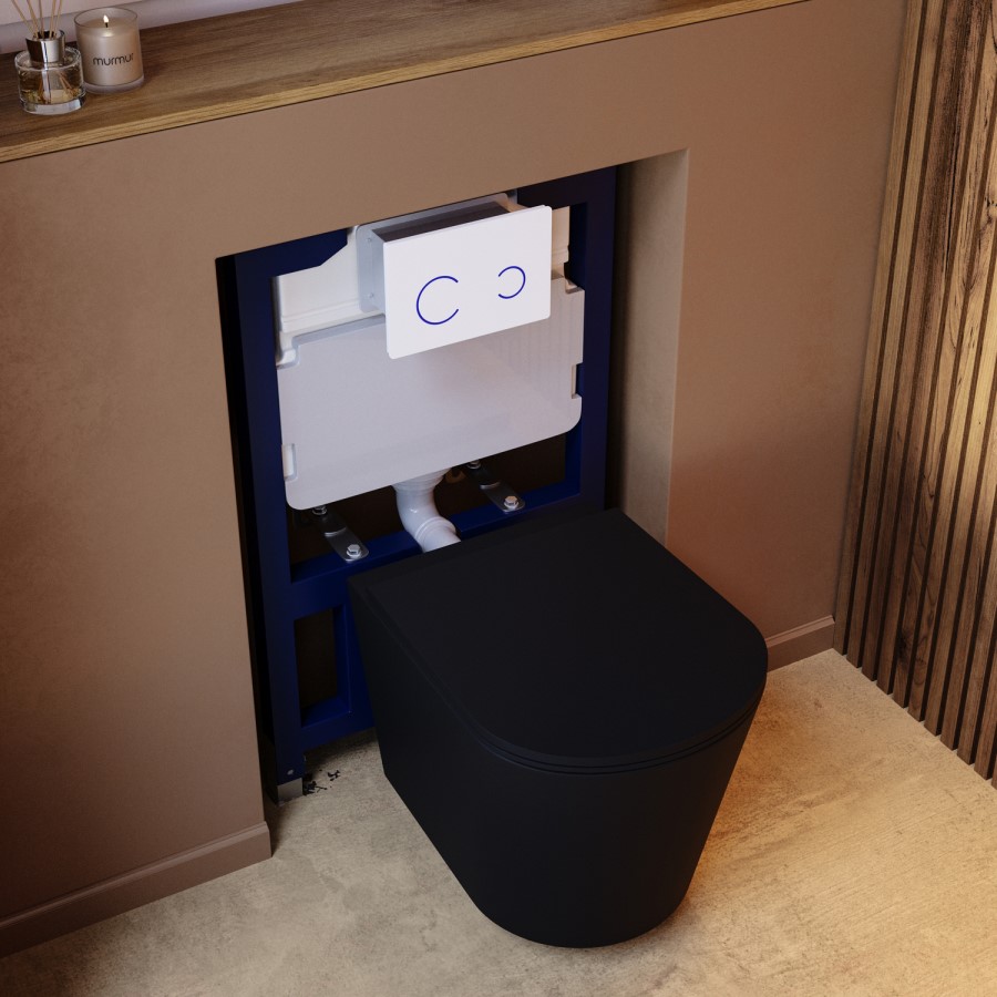 Matt Black Wall Hung Rimless Toilet with Soft Close Seat, White Glass Sensor Flush Plate, 820mm Frame & Cistern – Verona