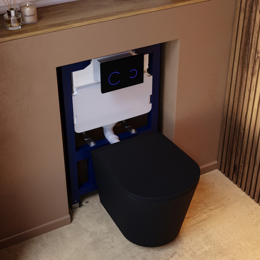 Matt Black Wall Hung Rimless Toilet with Soft Close Seat Black Glass Sensor Pneumatic Flush Plate 820mm Frame & Cistern - Verona