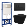 Matt Black Wall Hung Rimless Toilet with Soft Close Seat Black Pneumatic Flush Plate 1170mm Frame & Cistern - Verona