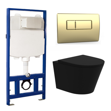 Matt Black Wall Hung Rimless Toilet with Soft Close Seat Brass Pneumatic Flush Plate 1170mm Frame & Cistern - Verona