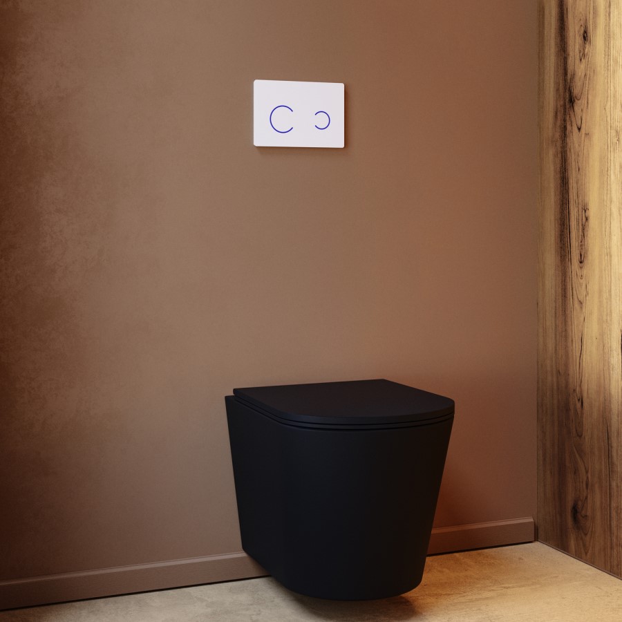 Matt Black Wall Hung Rimless Toilet with Soft Close Seat, White Glass Sensor Flush Plate, 1168mm Frame & Cistern – Verona