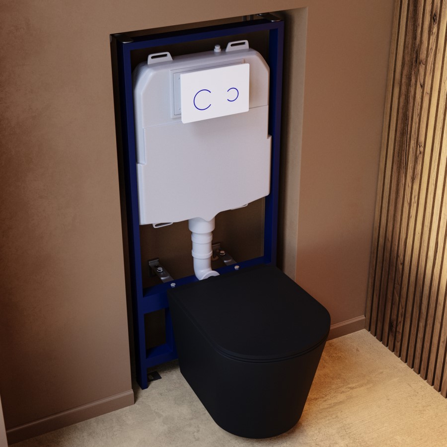 Matt Black Wall Hung Rimless Toilet with Soft Close Seat, White Glass Sensor Flush Plate, 1168mm Frame & Cistern – Verona