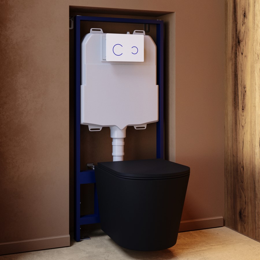 Matt Black Wall Hung Rimless Toilet with Soft Close Seat, White Glass Sensor Flush Plate, 1168mm Frame & Cistern – Verona