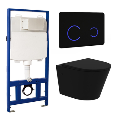 Matt Black Wall Hung Rimless Toilet with Soft Close Seat Black Glass Sensor Pneumatic Flush Plate 1170mm Frame & Cistern - Verona