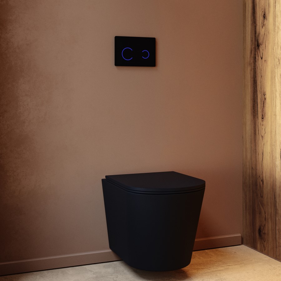 Matt Black Wall Hung Rimless Toilet with Soft Close Seat Black Glass Sensor Pneumatic Flush Plate 1170mm Frame & Cistern - Verona
