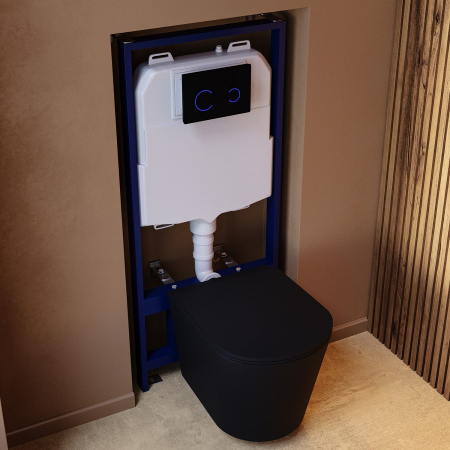 Matt Black Wall Hung Rimless Toilet with Soft Close Seat, Black Glass Sensor Flush Plate, 1168mm Frame & Cistern – Verona