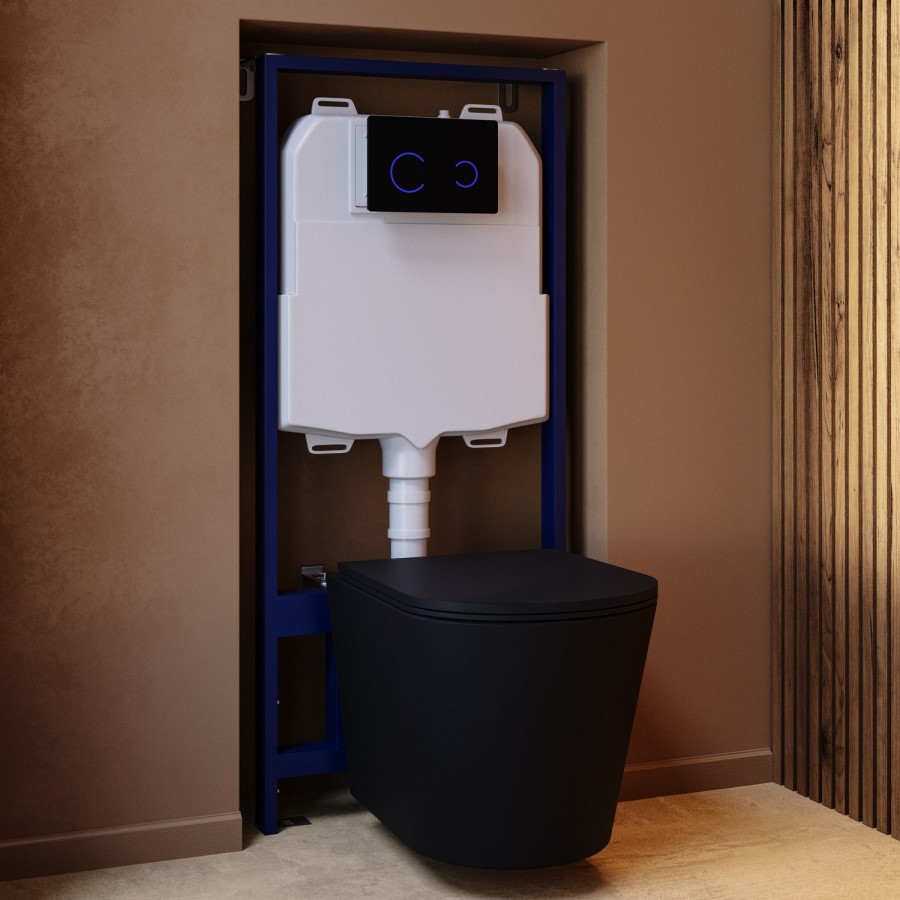 Matt Black Wall Hung Rimless Toilet with Soft Close Seat Black Glass Sensor Pneumatic Flush Plate 1170mm Frame & Cistern - Verona