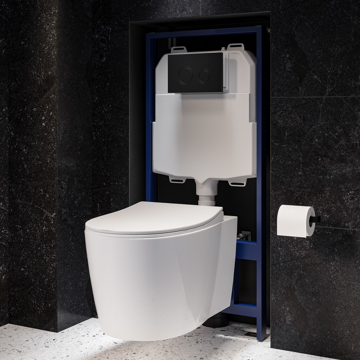 Alcor White Wall Hung Rimless Toilet With Soft Close Seat Black Mechnical Flush Plate 1168Mm Frame & Cistern