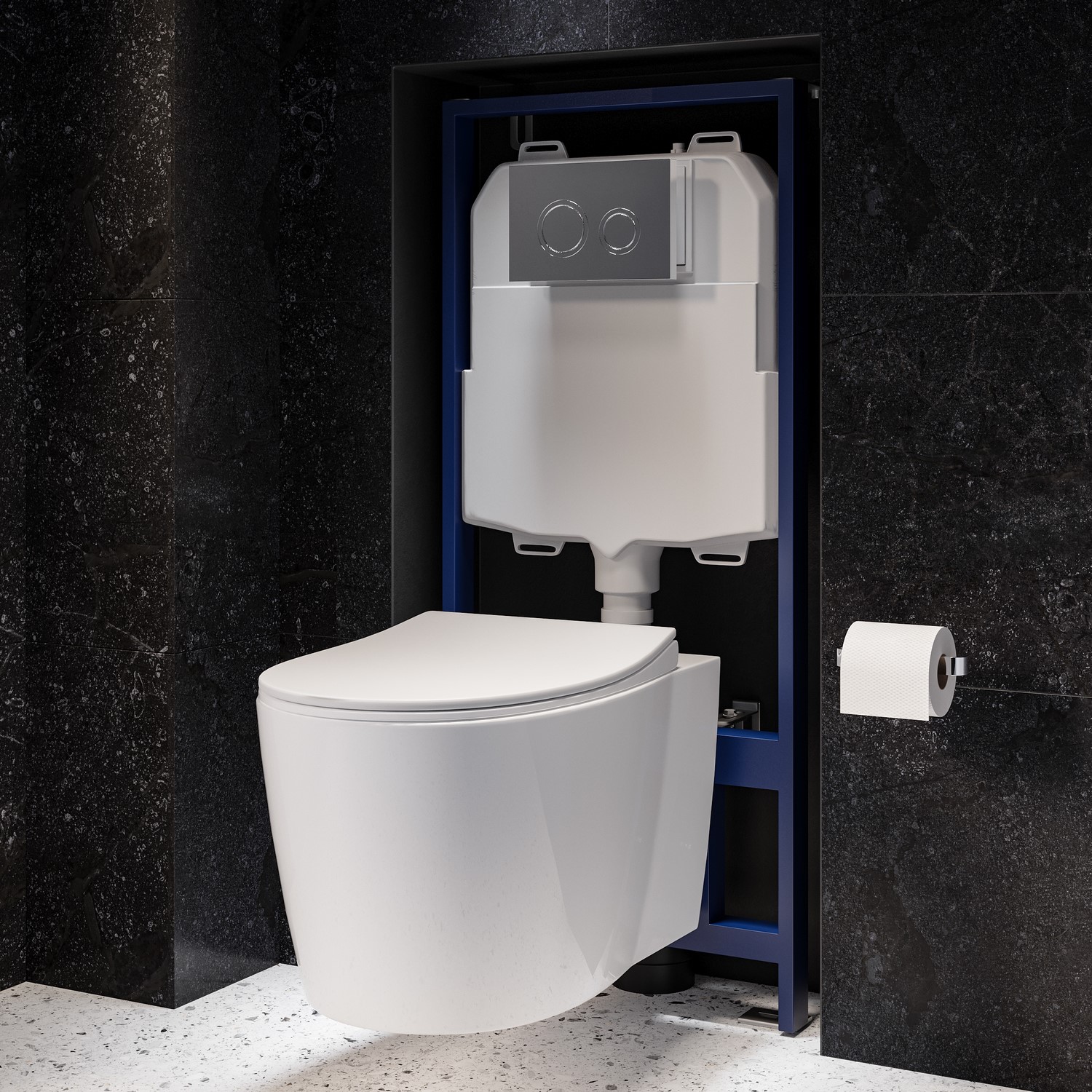 Alcor White Wall Hung Rimless Toilet With Soft Close Seat Chrome Mechanical Flush Plate 1168Mm Frame & Cistern