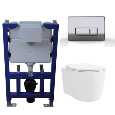 Wall Hung Toilet with Soft Close Seat Chrome Pneumatic Flush Plate 820mm Frame & Cistern - Alcor
