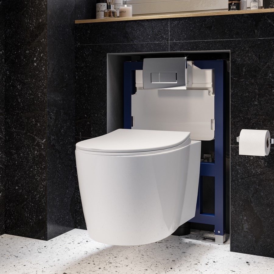 Wall Hung Toilet with Soft Close Seat Chrome Pneumatic Flush Plate 820mm Frame & Cistern - Alcor