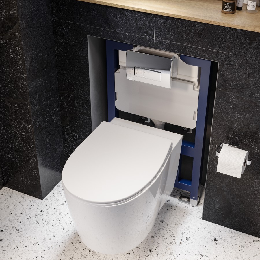 Wall Hung Toilet with Soft Close Seat Chrome Pneumatic Flush Plate 820mm Frame & Cistern - Alcor