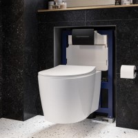 Wall Hung Toilet with Close Seat Matt Black Pneumatic Flush Plate 820mm Frame & Cistern - Alcor Wall Hung Toilet with Close Seat Matt Black Pneumatic Flush Plate 820mm Frame & Cistern - Alcor