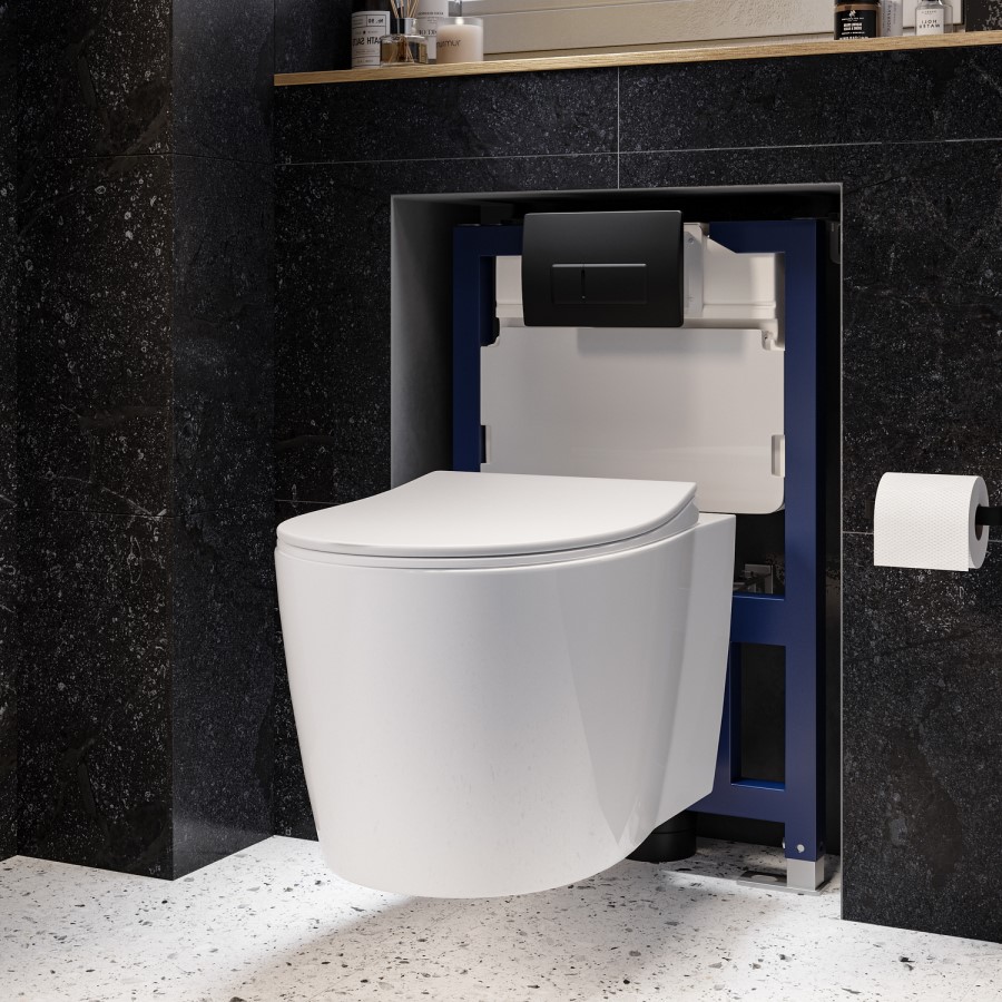 Wall Hung Toilet with Close Seat Matt Black Pneumatic Flush Plate 820mm Frame & Cistern - Alcor