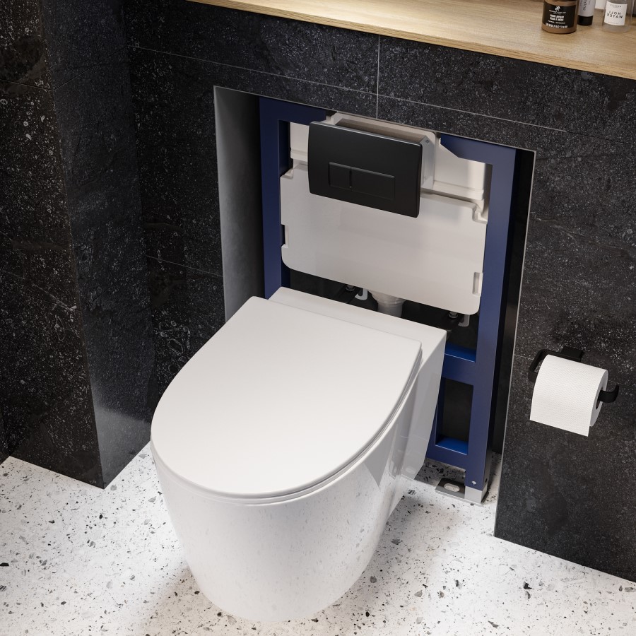 Wall Hung Toilet with Close Seat Matt Black Pneumatic Flush Plate 820mm Frame & Cistern - Alcor