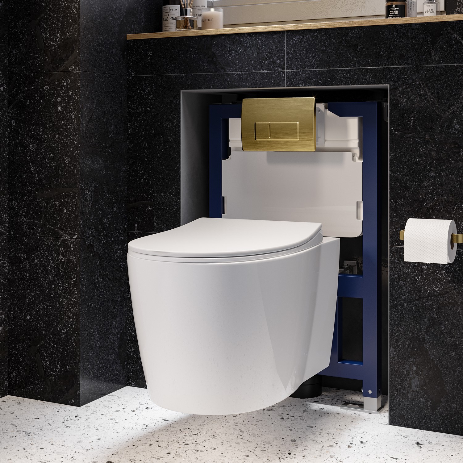 Alcor White Wall Hung Rimless Toilet With Soft Close Seat Brushed Brass Pneumatic Flush Plate 820Mm Frame & Cistern