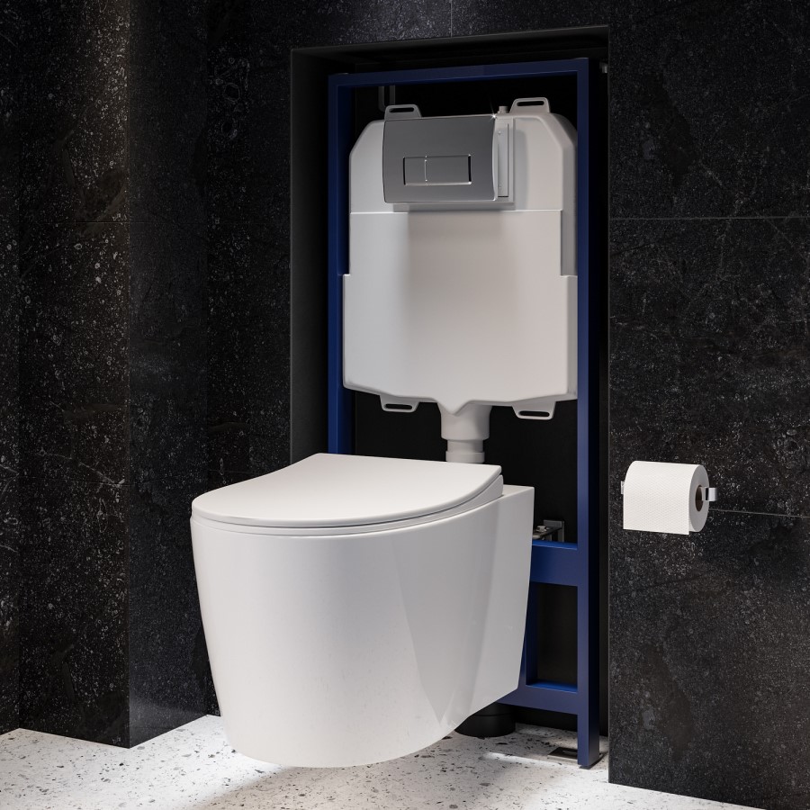 Wall Hung Toilet with Soft Close Seat Chrome Pneumatic Flush Plate 1170mm Frame & Cistern - Alcor