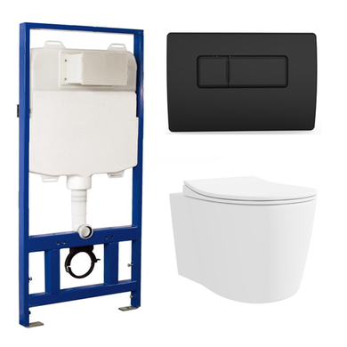 Wall Hung Toilet with Close Seat Matt Black Pneumatic Flush Plate 1170mm Frame & Cistern - Alcor