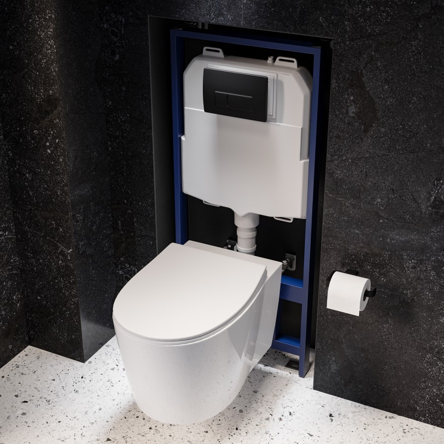 Wall Hung Toilet with Close Seat Matt Black Pneumatic Flush Plate 1170mm Frame & Cistern - Alcor
