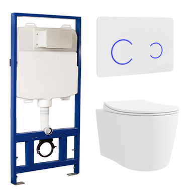Wall Hung Toilet with Soft Close Seat White Glass Sensor Pneumatic Flush Plate 1170mm Frame & Cistern - Alcor