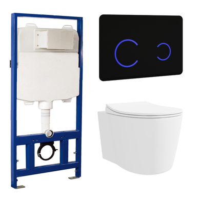 Wall Hung Toilet with Soft Close Seat Black Glass Sensor Pneumatic Flush Plate 1170mm Frame & Cistern - Alcor