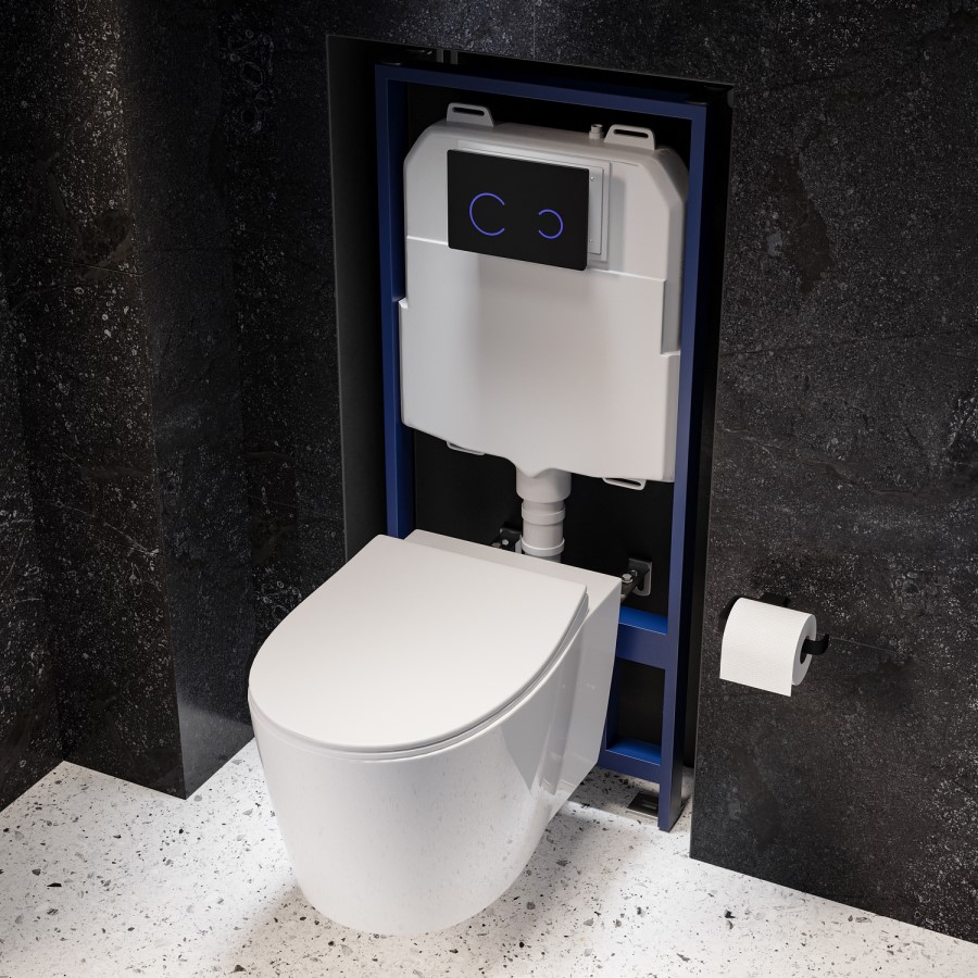 Wall Hung Toilet with Soft Close Seat, Black Glass Sensor Flush Plate, 1168mm Frame & Cistern – Alcor