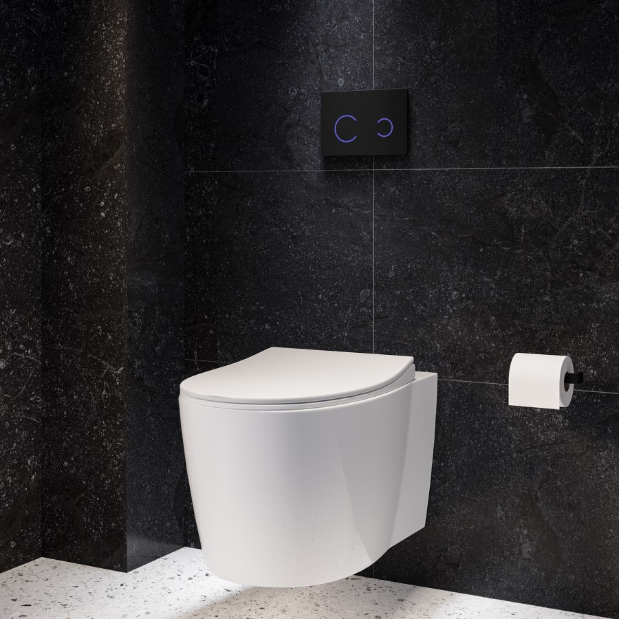 Wall Hung Toilet with Soft Close Seat, Black Glass Sensor Flush Plate, 1168mm Frame & Cistern – Alcor