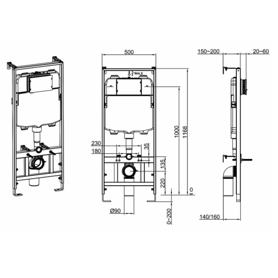 Grade A1 - Concealed Cistern with 1170mm Wall Hung Toilet Frame and Brushed Brass Mechanical Flush Plate - Zana