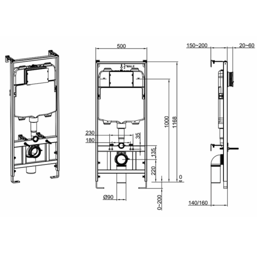 1168mm Wall Hung Toilet Frame & Black Mechanical Flush Plate with Concealed Cistern - Zana