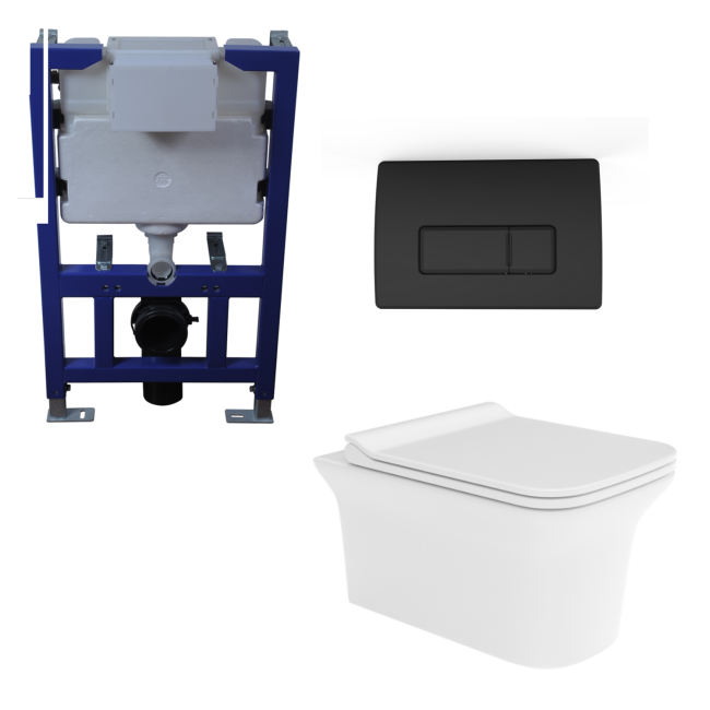 Santiago Wall Hung WC, Soft Close Seat, 820 Frame and Matt Black flush plate