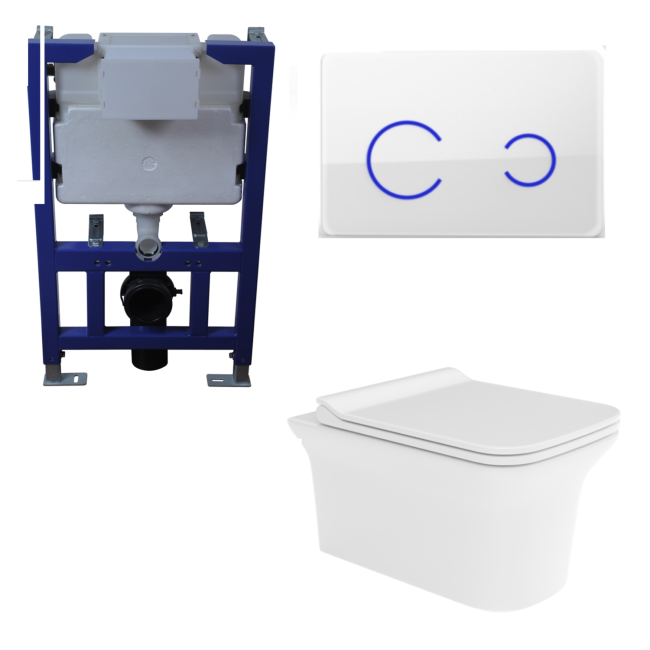 Santiago Wall Hung WC, Soft Close Seat, 820 Frame and White Glass Sensor flush plate