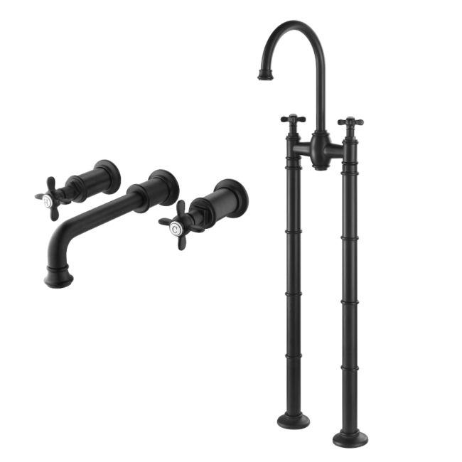Black Freestanding Bath Shower Mixer and Wall Mounted Basin Tap Set