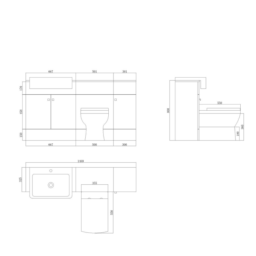 1500mm White Toilet and Sink Unit with Storage Unit and Square Toilet - Harper