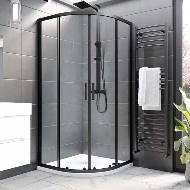 Grade A1 - Black 8mm Glass Quadrant Shower Enclosure with Shower Tray 900mm - Pavo
