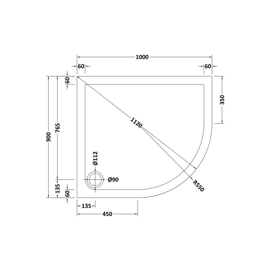 1000x900mm Right Hand Offset Quadrant Low Profile Shower Tray- Purity