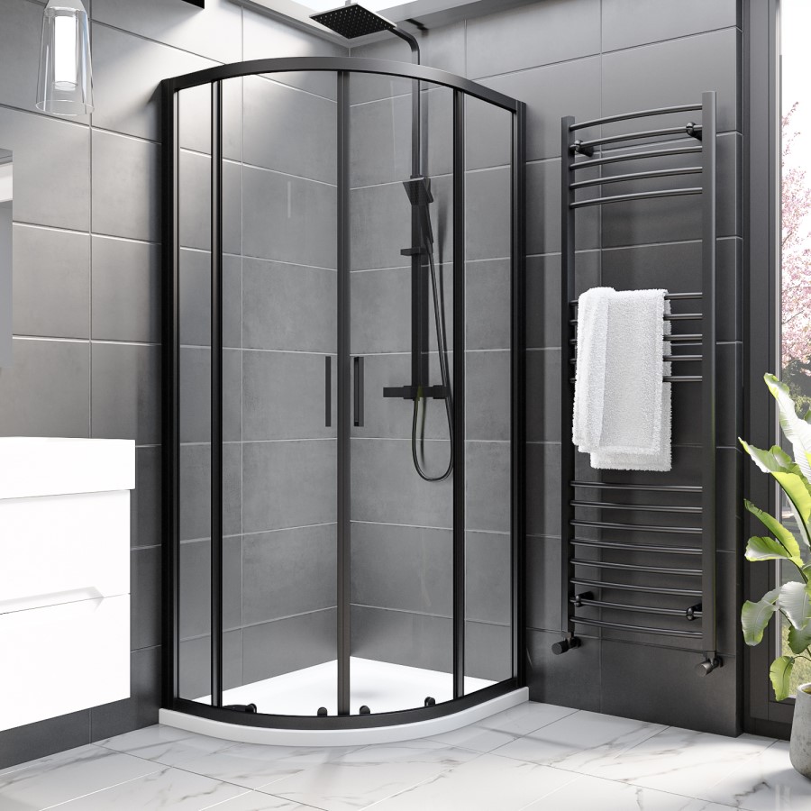 ONLY OPENED - Black 8mm Glass Offset Quadrant Shower Enclosure 900x760mm - Pavo