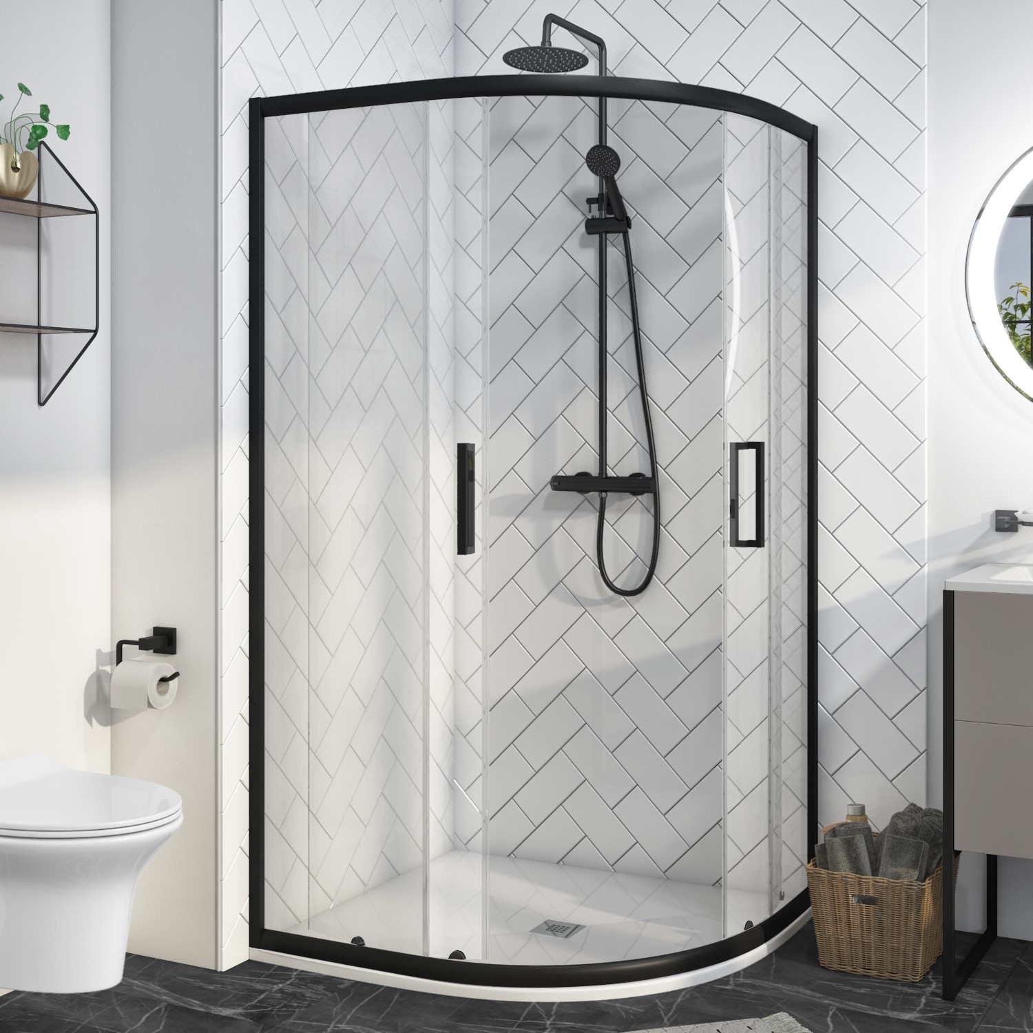 GRADE A1 900 x 760mm Black Offset Quadrant Shower Enclosure Pavo Better Bathrooms GRADE A1 900 x 760mm Black Offset Quadrant Shower Enclosure Pavo Better Bathrooms