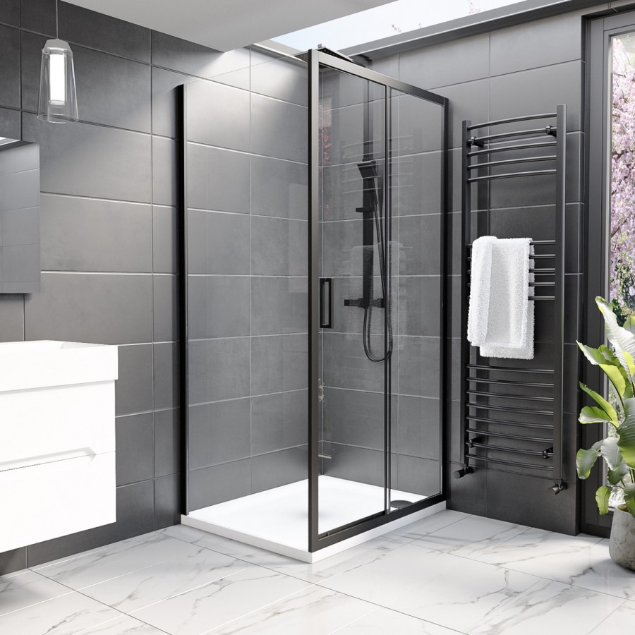 1000x800mm Black 8mm Glass Rectangular Sliding Shower Enclosure with Shower Tray - Pavo