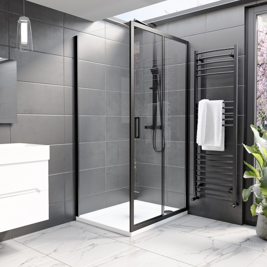 1200 x 800mm Black Rectangular Sliding Door Shower Enclosure with Side Panel Suite with Toilet and Basin - Pavo